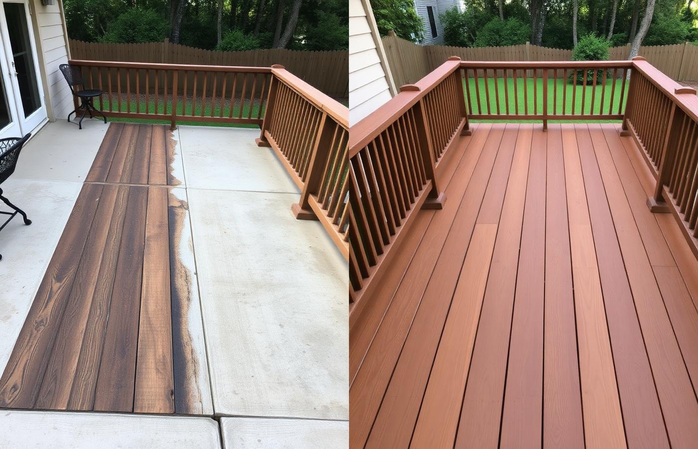 Illustration of a wood deck repair: sun-damaged sagging boards on the left, replaced boards sanded and stained warm brown on the right