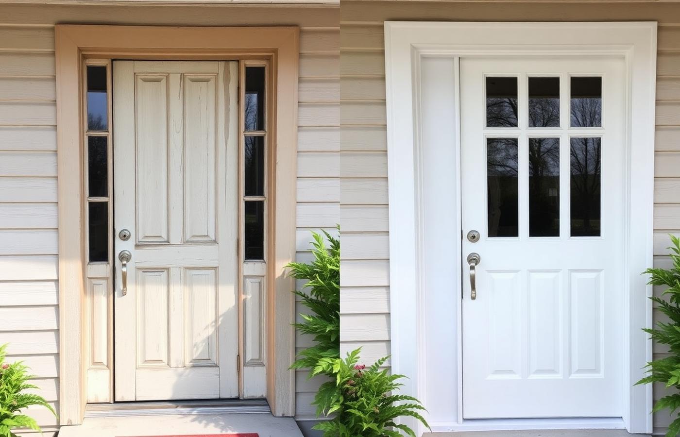 Illustration of a front entry door repair: peeling weathered paint and worn frame on the left, freshly sealed white door with new hardware on the right