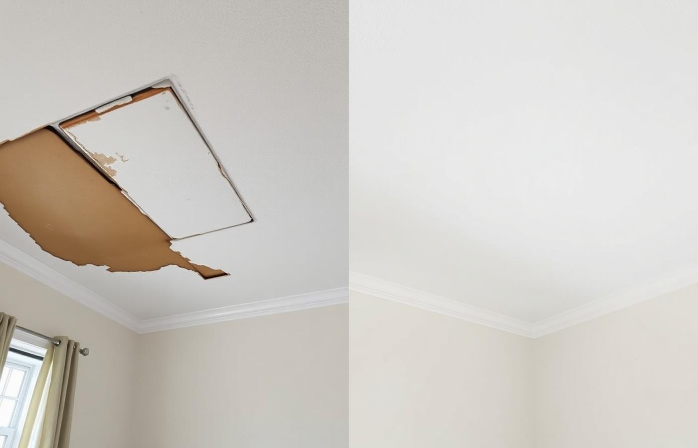 Illustration of a bedroom ceiling repair: water-stained drywall patch on the left, smoothly finished and repainted white ceiling on the right
