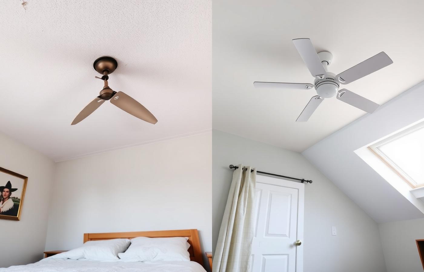 Illustration of a ceiling fan replacement: dated broken fan with exposed fitting on the left, new balanced white ceiling fan on the right