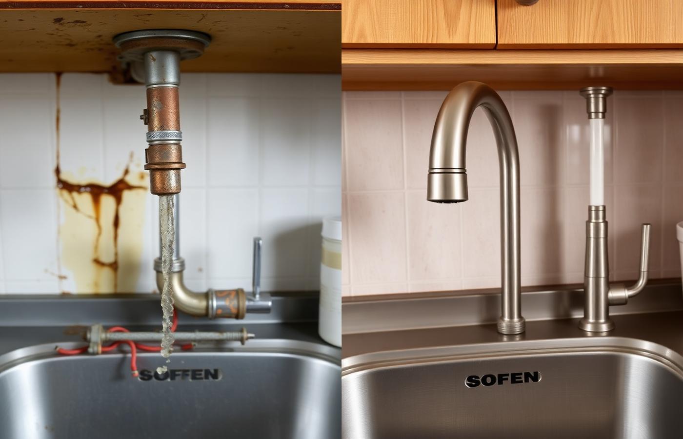 Illustration of a kitchen sink repair: corroded leaking faucet and stained backsplash on the left, new brushed nickel faucet and clean supply lines on the right